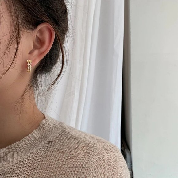 *Gold/Sterling Silver Diamond Wave Hoop Earrings - Picture 2 of 11